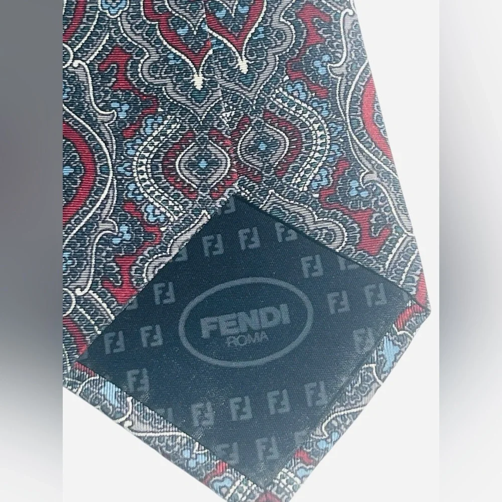 Fendi-Roma Vintage Silk Neck Tie-Paisley Print-Made in Italy Red Blue